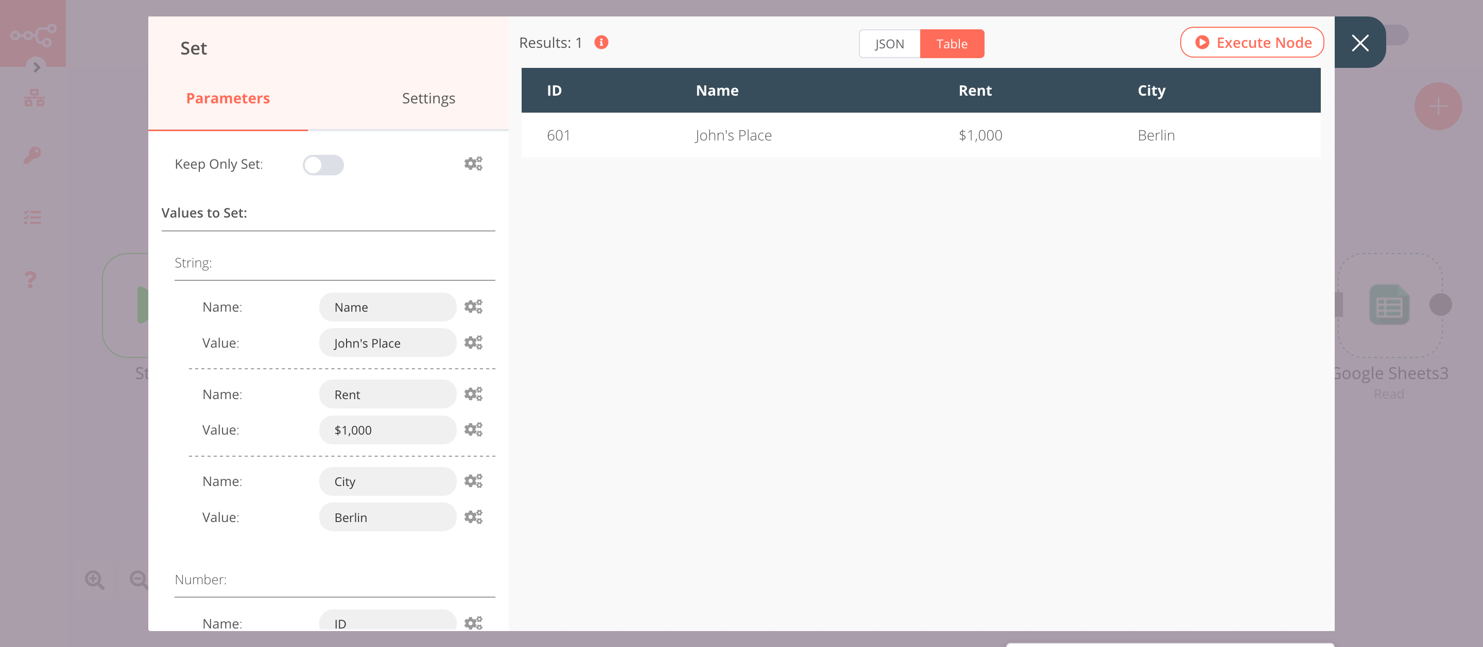 Using the Set node to set data to be inserted in the Google Sheets node