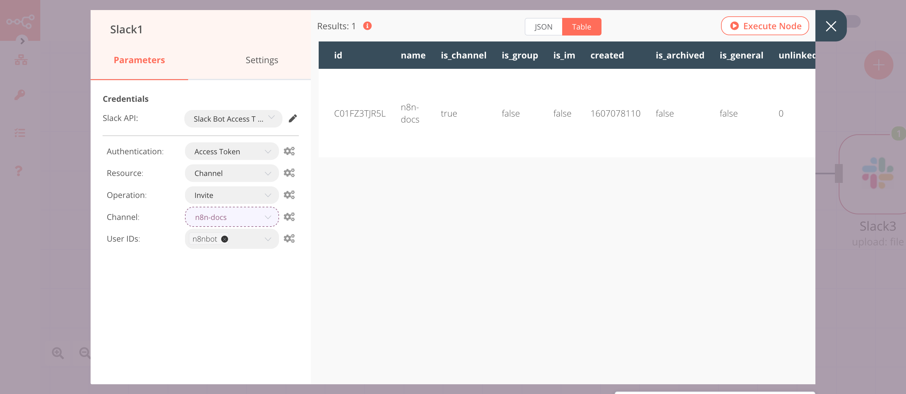 Using the Slack node to invite a user to a channel