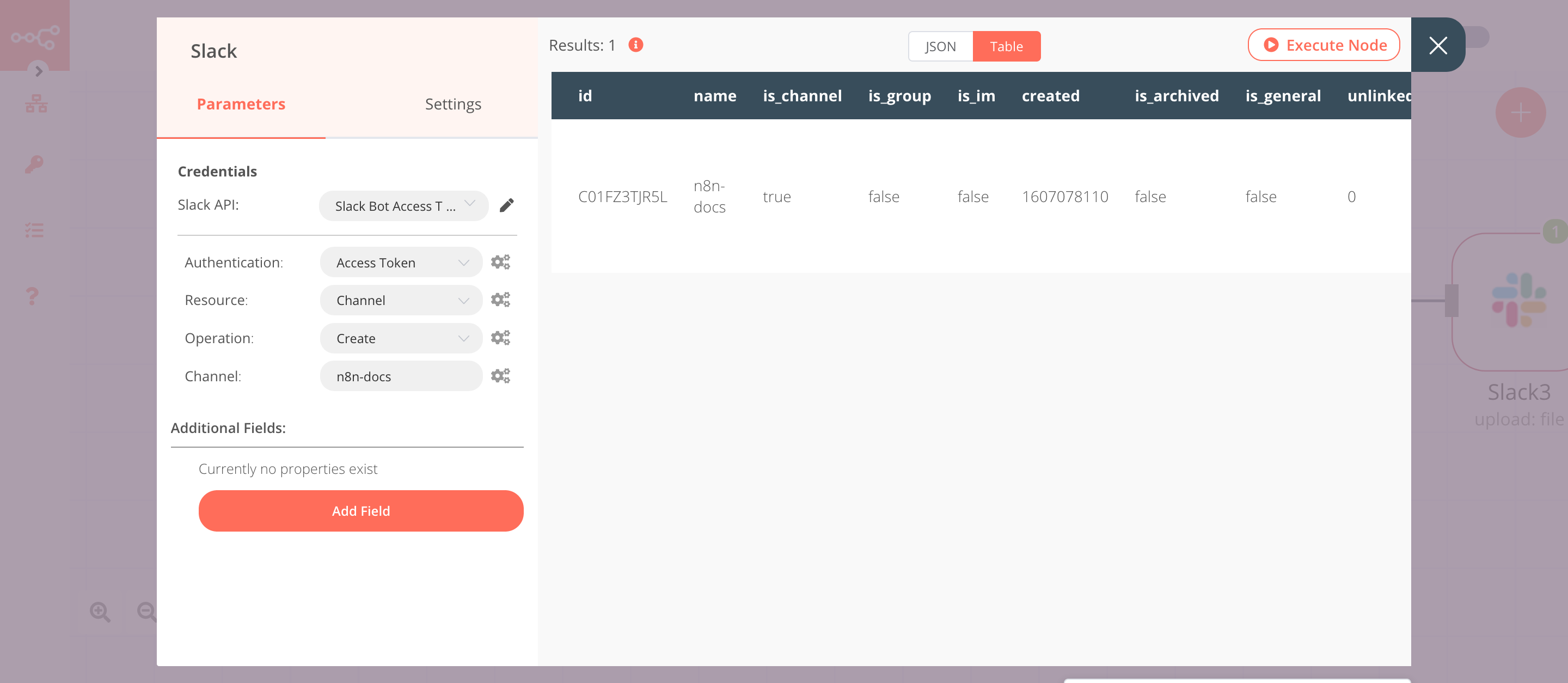 Using the Slack node to create a channel